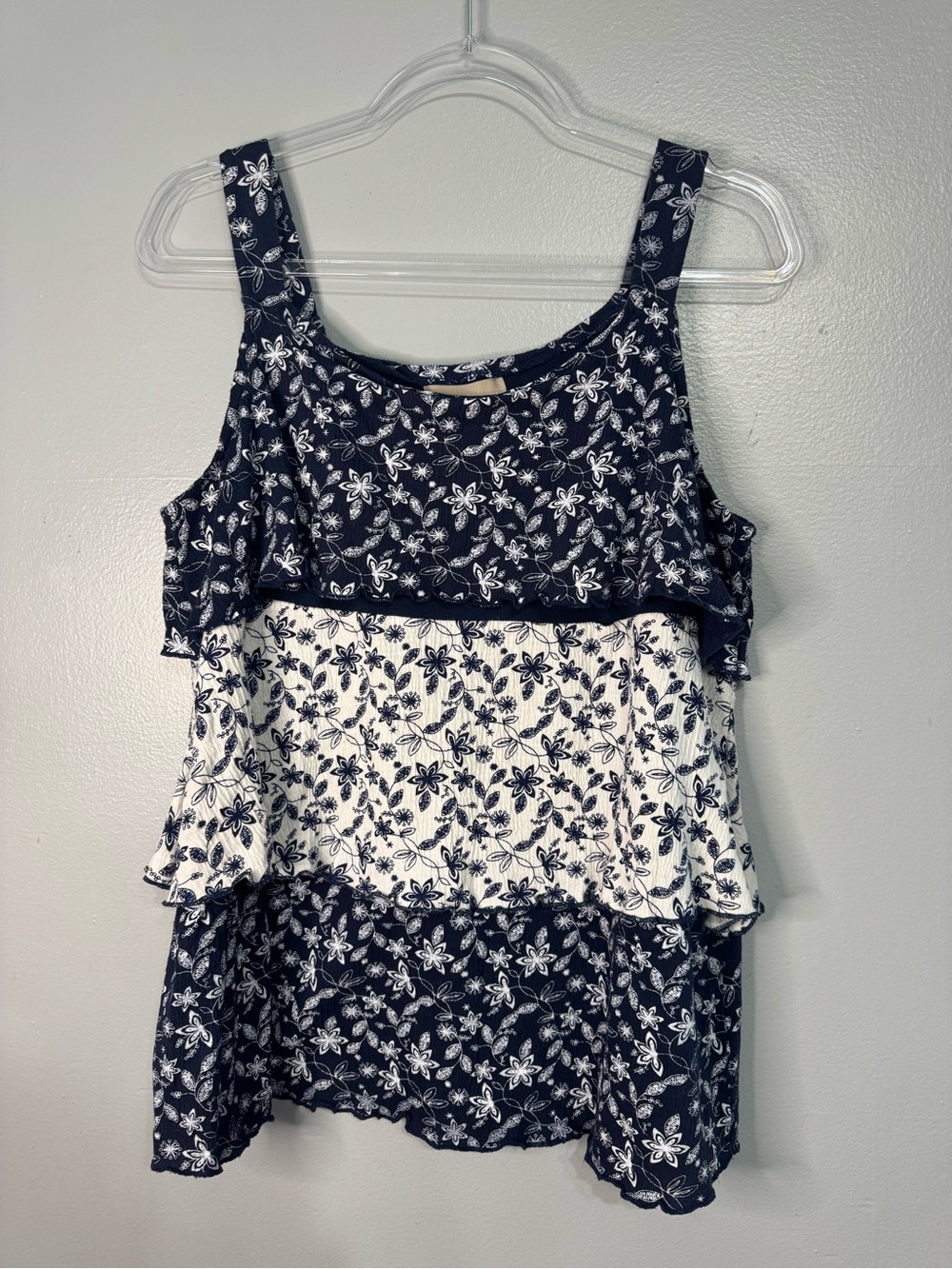 Allyson Whitmore Navy White Floral Tiered Tank Top Sleeveless Boho Size L